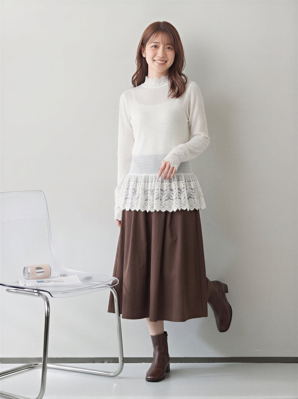 「秋季新品 」 S-XL 白色蕾絲拼接 | 木耳邊疊穿內搭長袖上衣