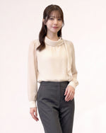 S-XL 米色波點木耳邊立領長袖襯衫