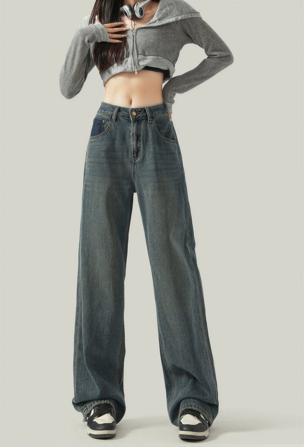 「兩色」「秋季新品 」 XS-2XL 高腰寬褲管刷舊牛仔褲