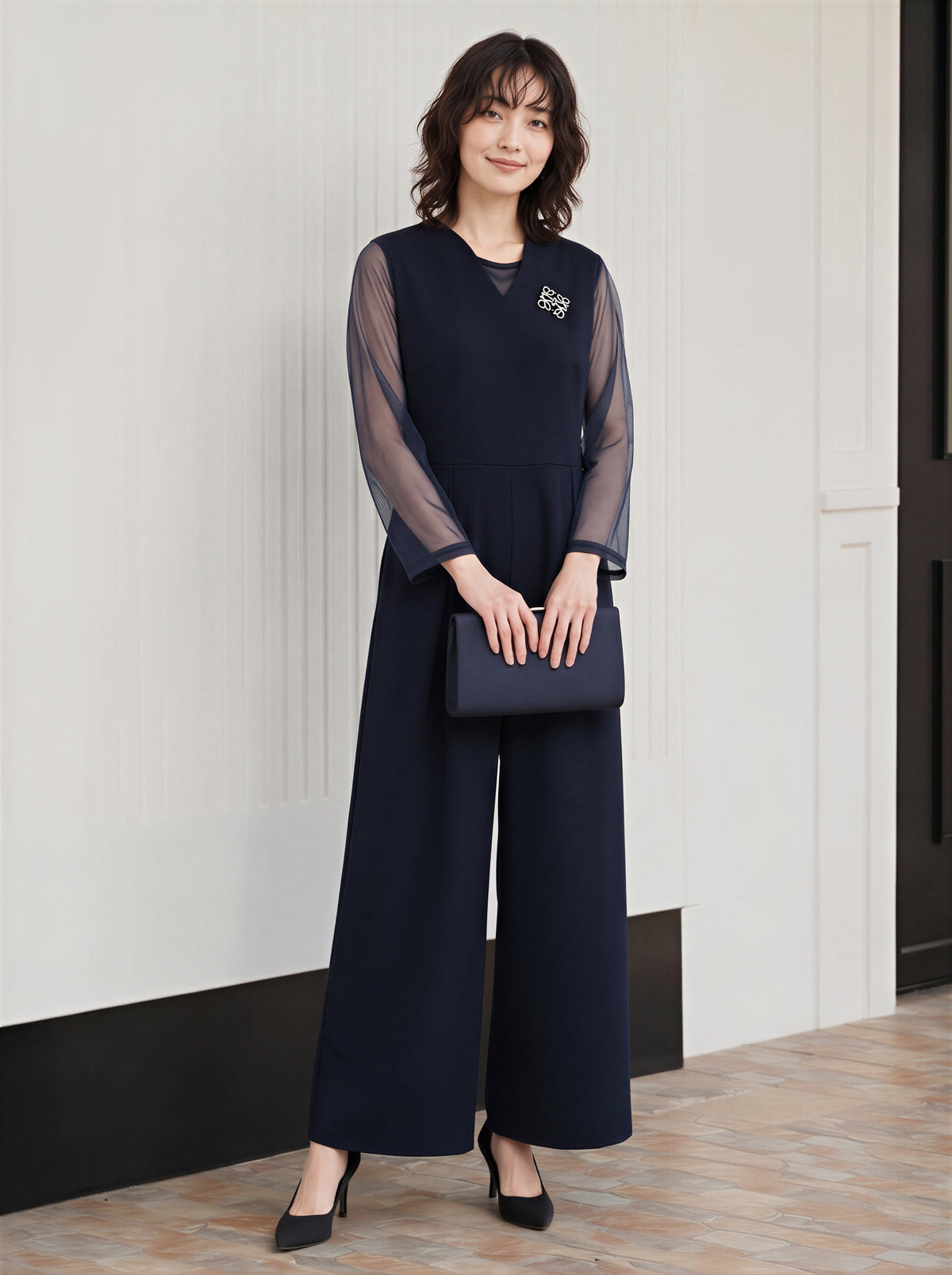 「秋季新品 」「兩色」S-2XL 品質兩件式 網紗拼袖上衣 + 寬褲連身褲 套裝