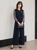 「秋季新品 」「兩色」S-2XL 品質兩件式 網紗拼袖上衣 + 寬褲連身褲 套裝