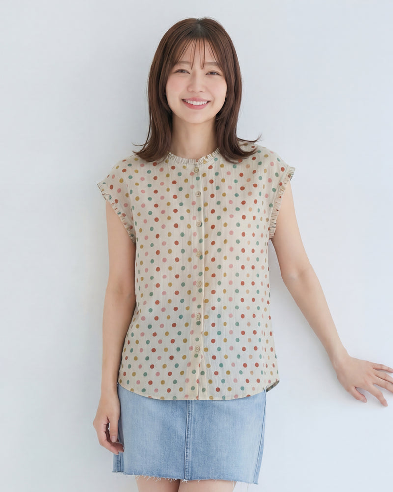 灰色波點木耳邊無袖襯衫