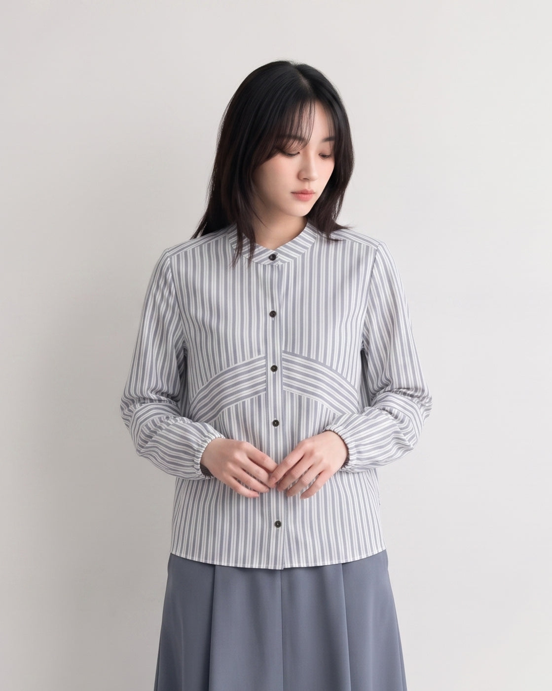 「秋季新品 」 M-XL 純棉甄選 | 條紋拼接燈籠袖襯衫