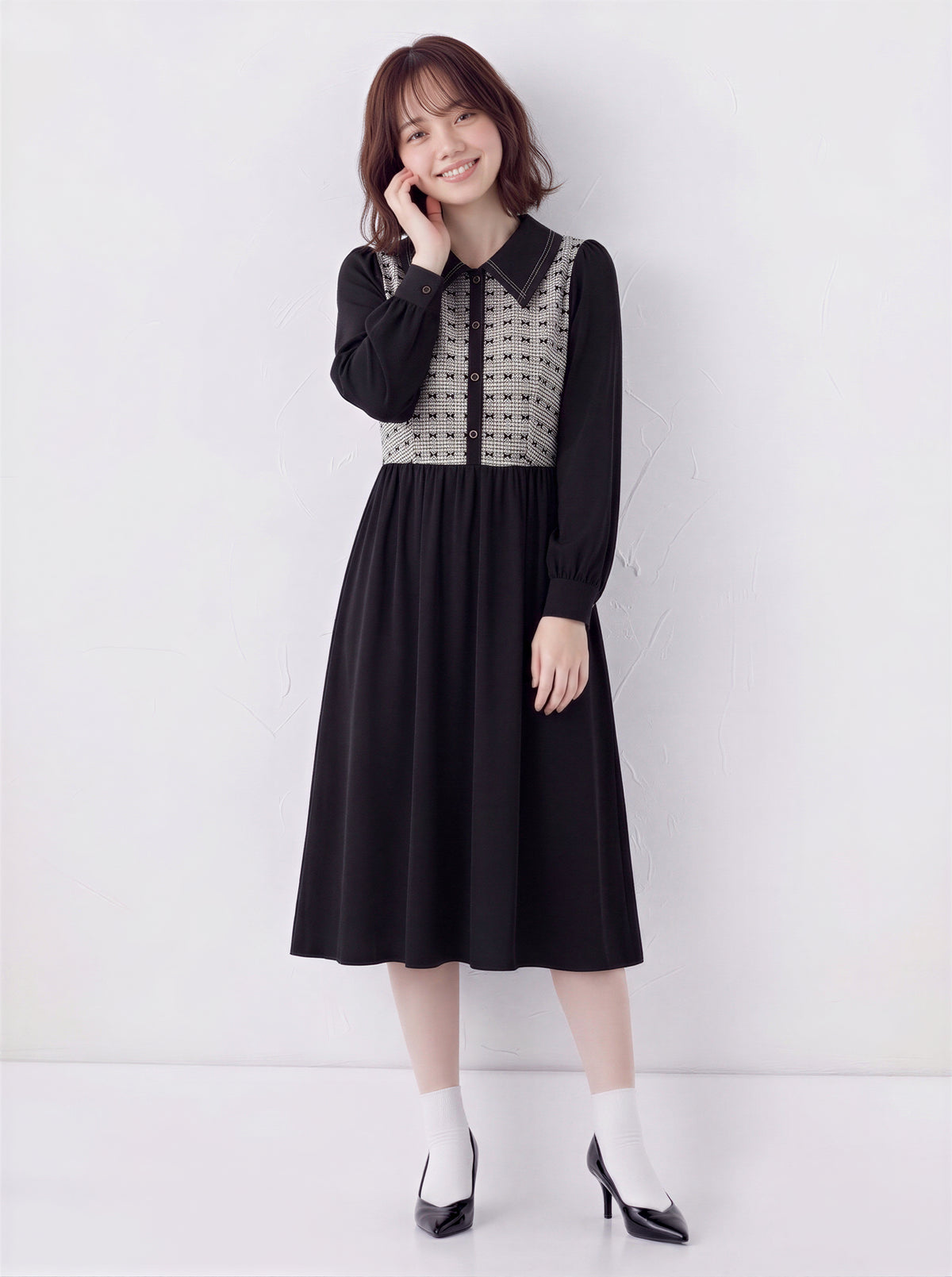 「秋季新品 」S-XL 拼接翻領收腰襯衫長袖洋裝