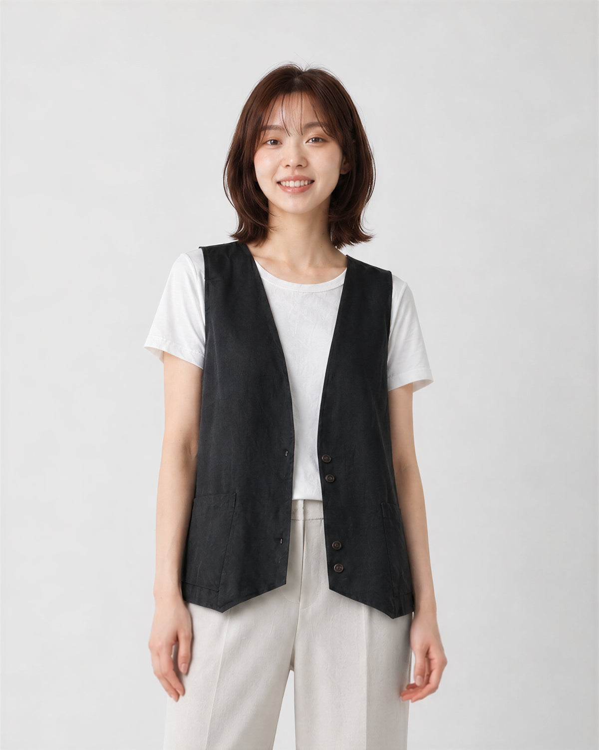 M-2XL 黑色深V排扣寬鬆背心