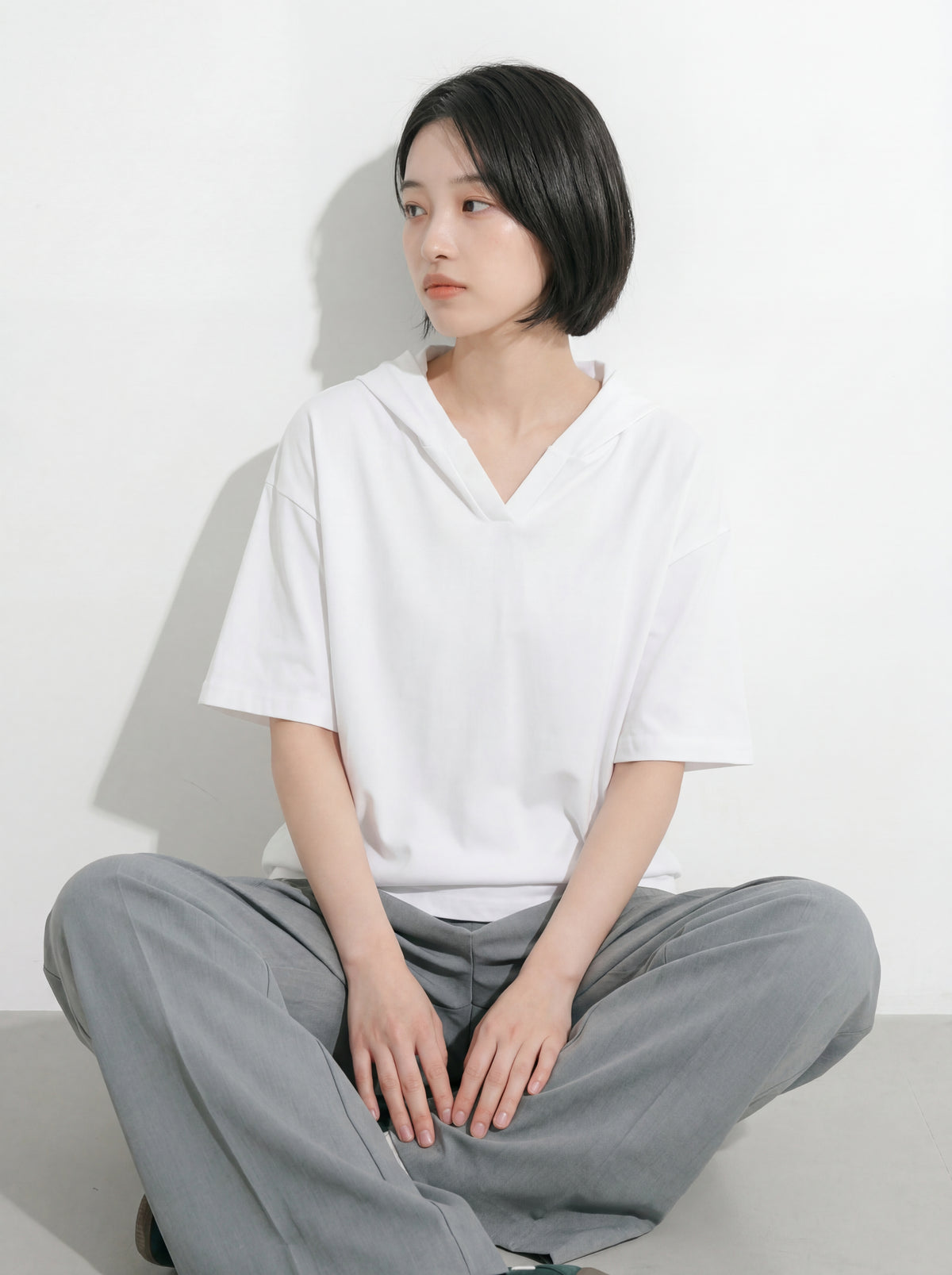 寬鬆落肩純色短袖連帽T恤-白色-3XL