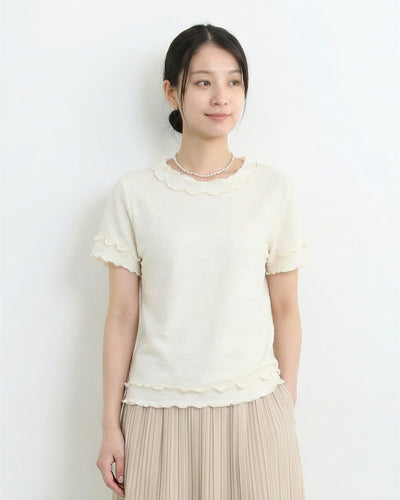 木耳邊小圓領修身短袖T恤
