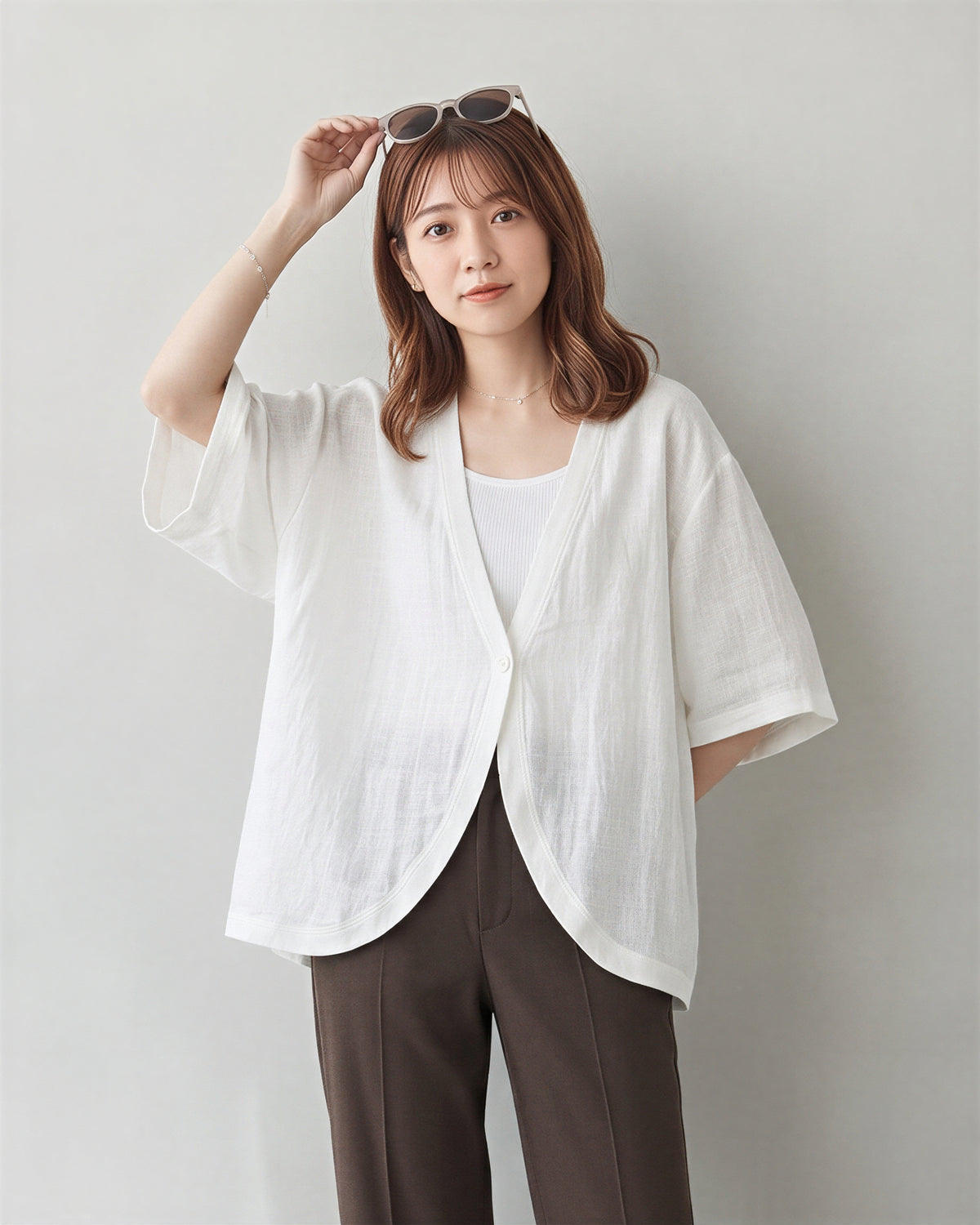 寬鬆蝙蝠袖V領防曬外套-白色-2XL