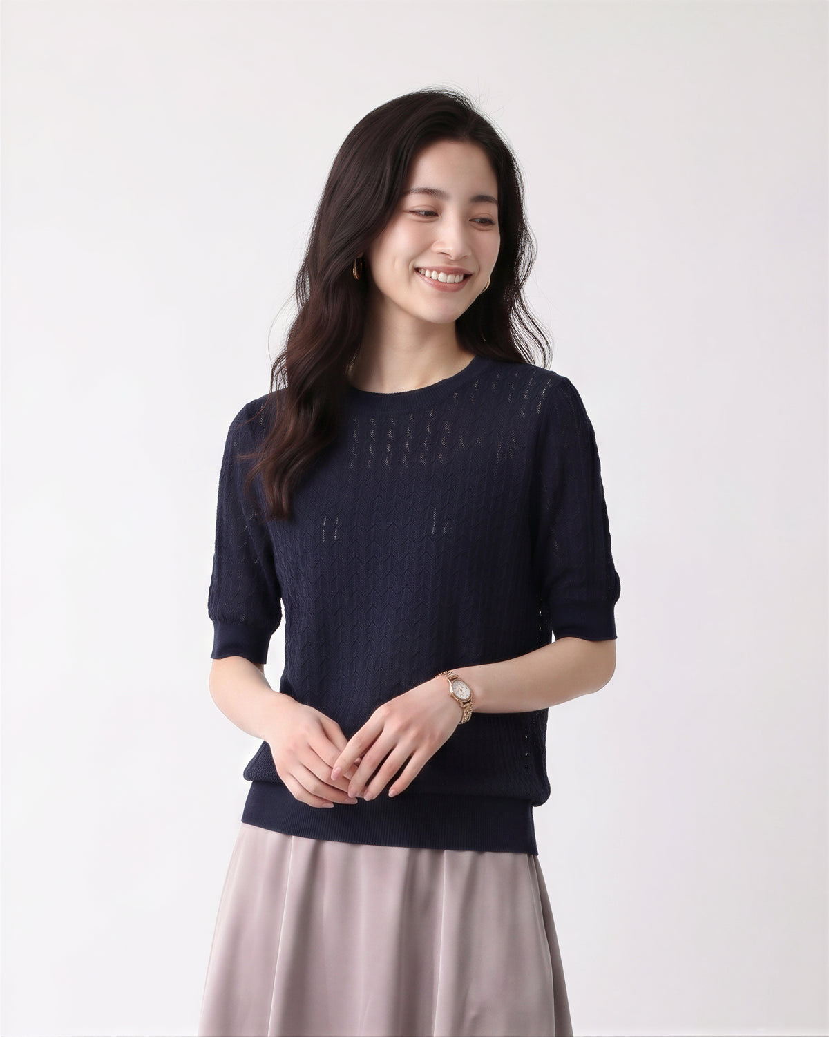 M-XL 鏤空提花圓領針織衫
