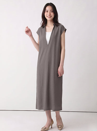 翻領V領寬鬆假兩件無袖洋裝-棕色-2XL