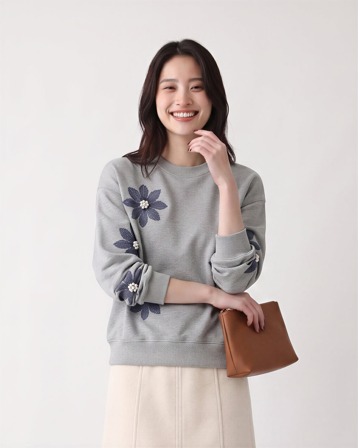 「秋季新品 」S-3XL 立體花朵寬鬆灰色衛衣