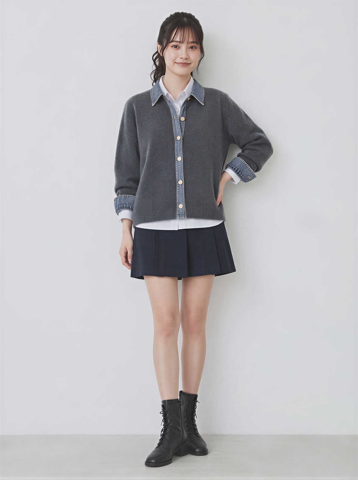 「3色」「秋季新品 」M-XL 拼接翻領短版針織開襟衫