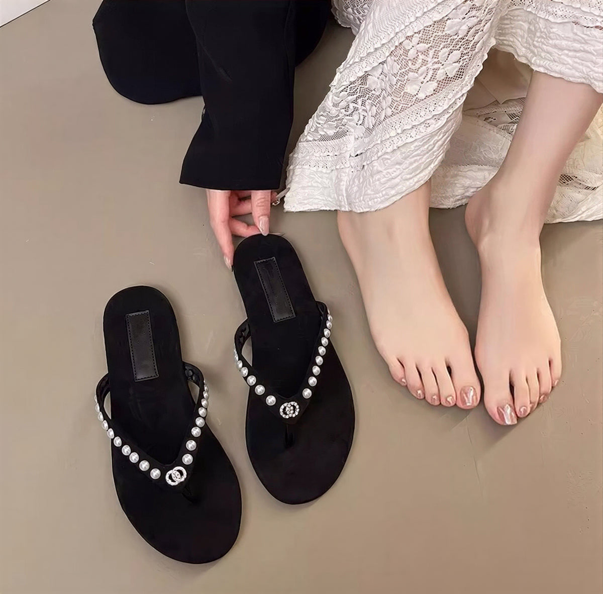 珍珠點綴絨面 女款夾腳涼拖鞋