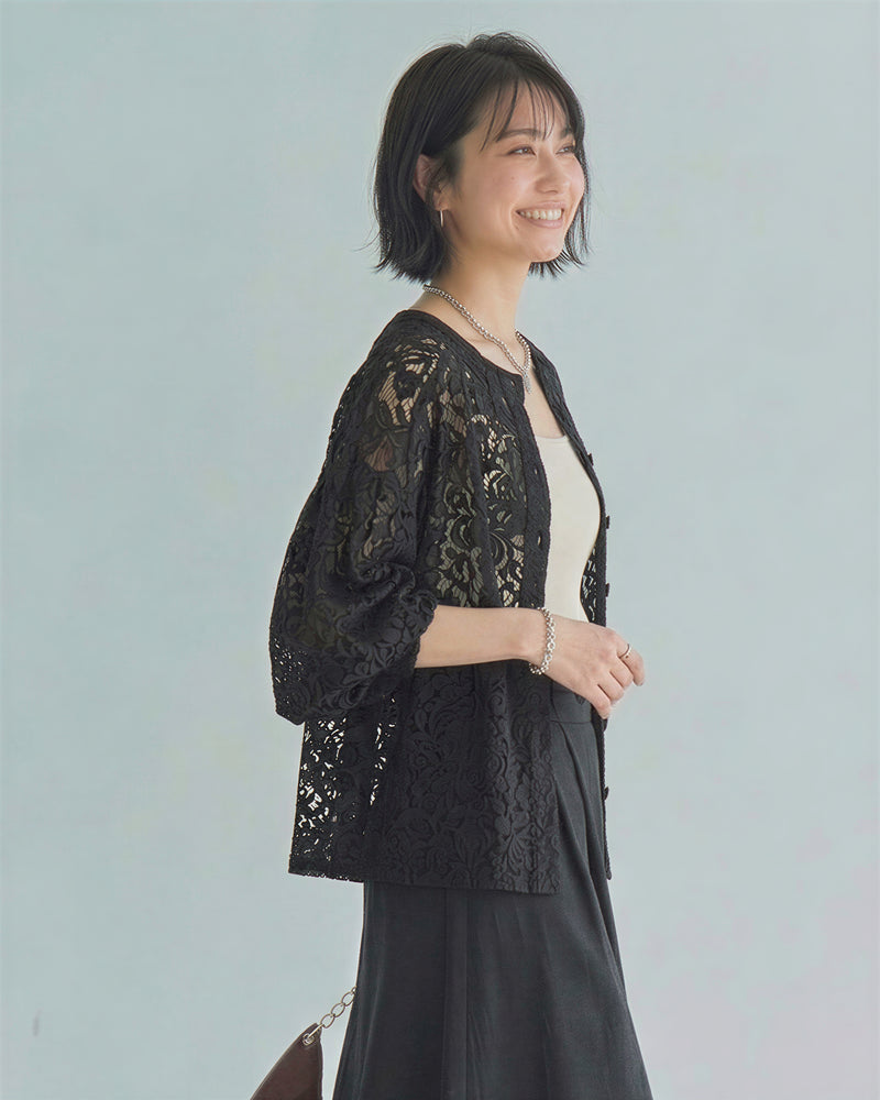 立體蕾絲 透膚燈籠袖 開襟針織外套