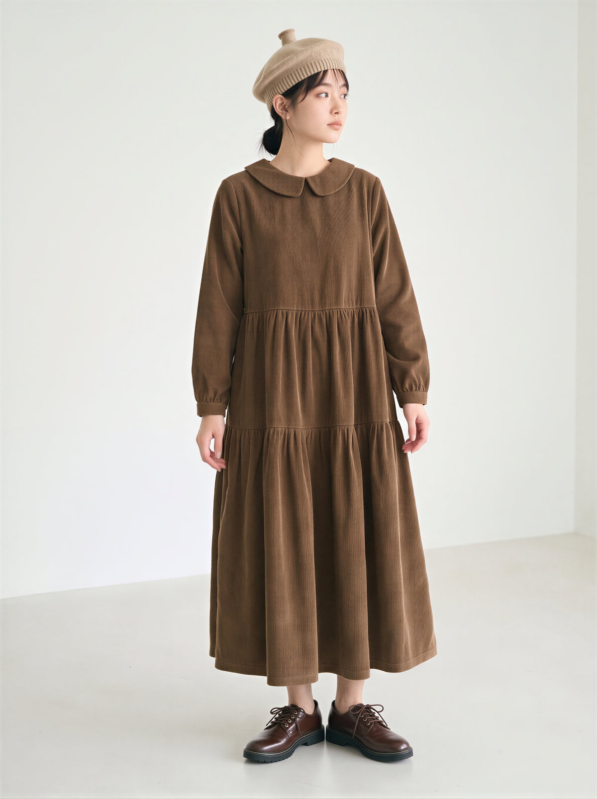 「秋季新品 」 M-2XL 娃娃領寬鬆層次長袖洋裝