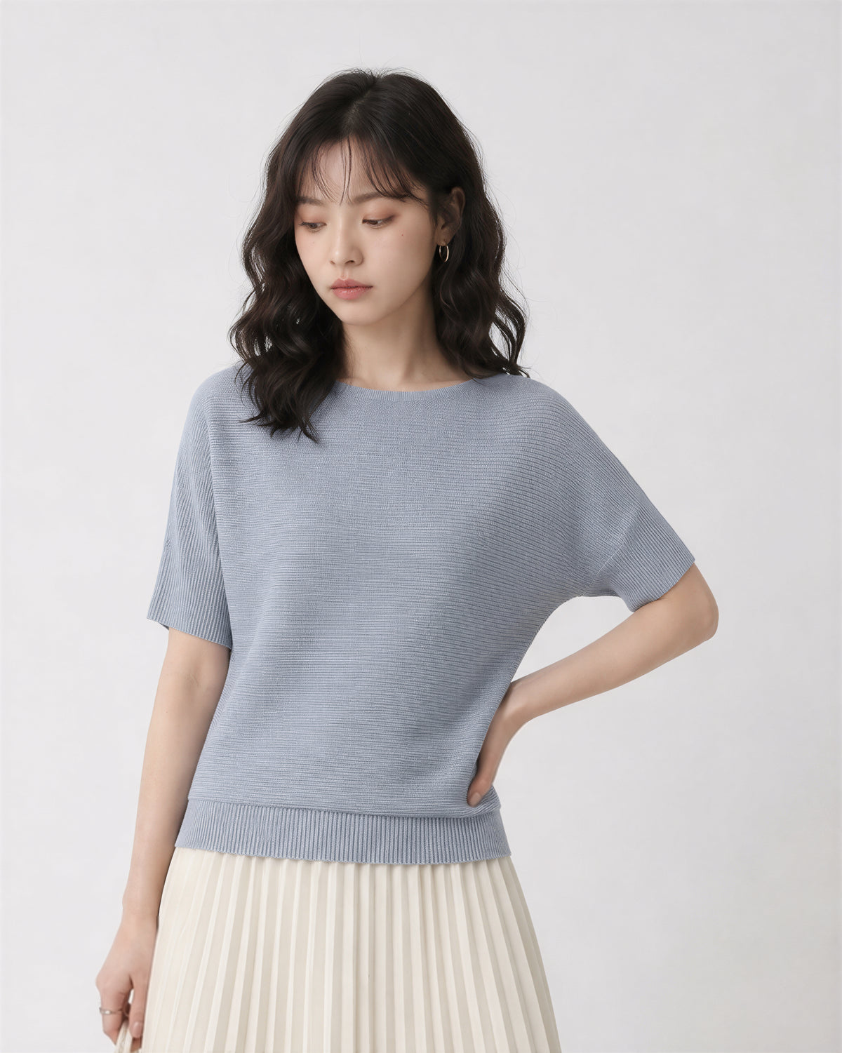 「3色」S-XL 寬鬆落肩羅紋針織衫
