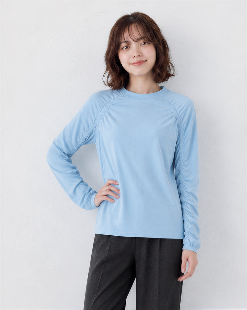 「秋季新品 」「兩色」S-XL 抽皺拼線寬鬆長袖T恤