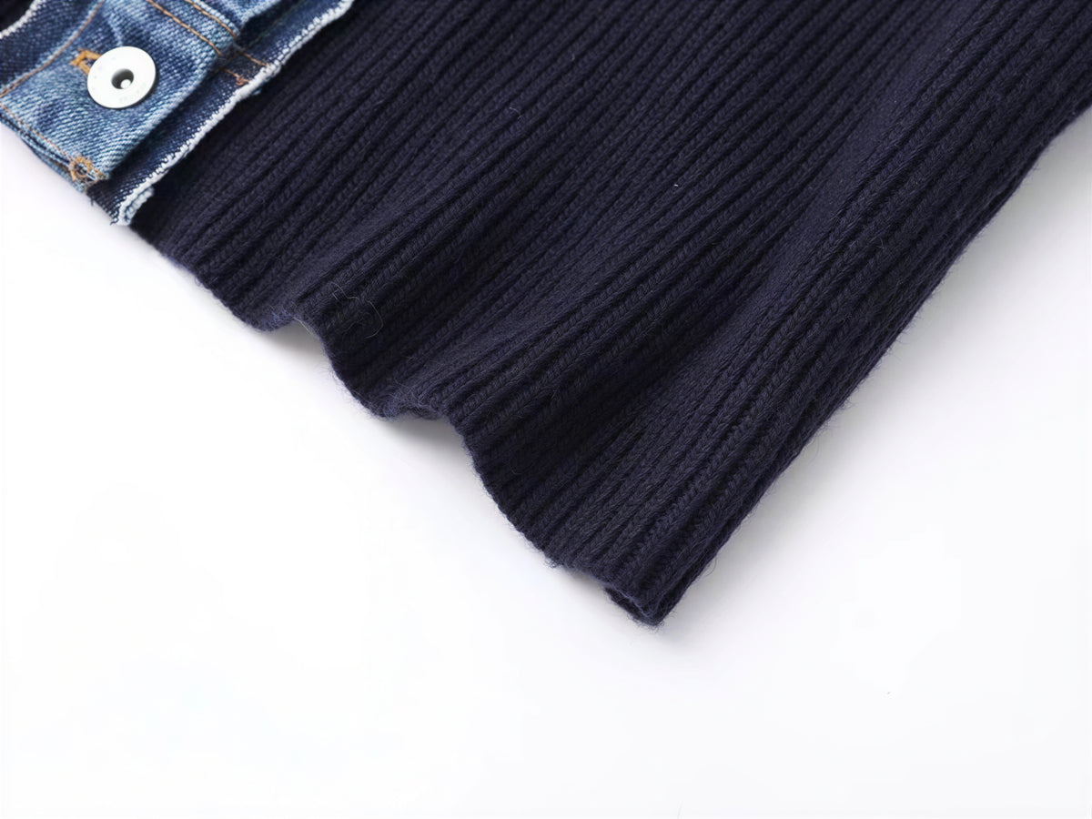 「秋季新品 」 S-2XL 牛仔拼接立領假兩件針織外套