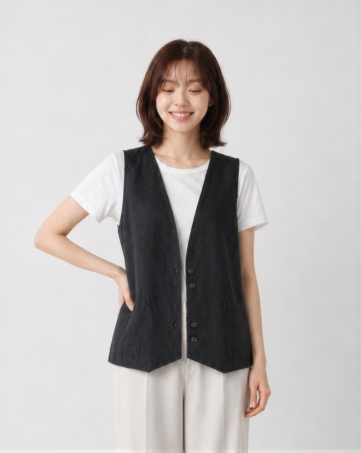 M-2XL 黑色深V排扣寬鬆背心