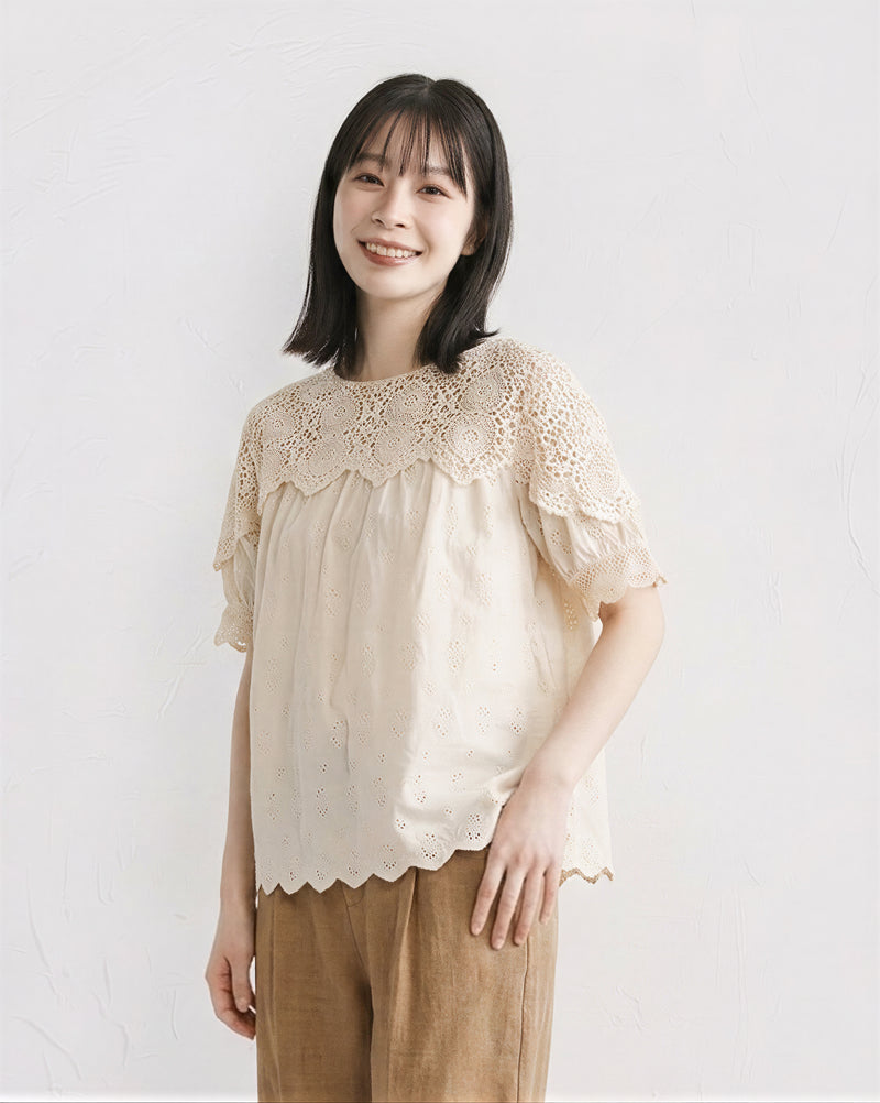 鏤空蕾絲拼接寬鬆襯衫-米色-2XL