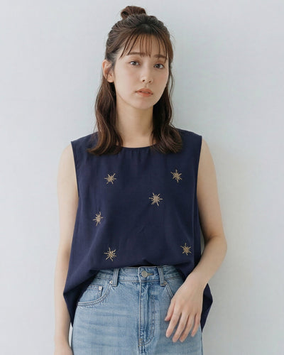 星芒刺繡圓領無袖背心-深藍色-2XL