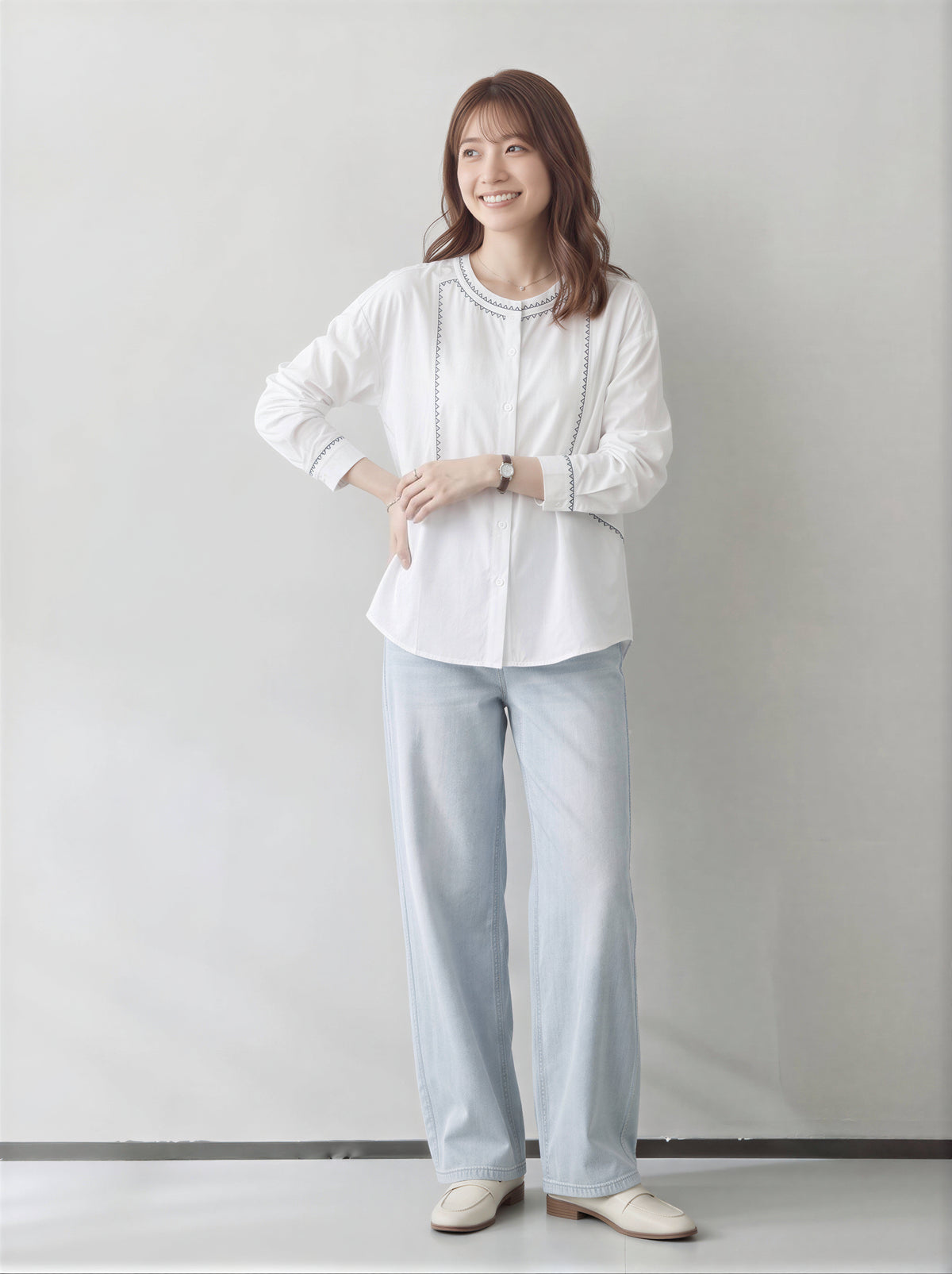 「秋季新品 」棉 100% 復古刺繡花線長袖襯衫 撞色線跡圓領襯衫