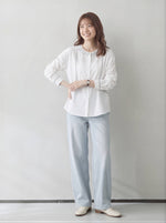 「秋季新品 」棉 100% 復古刺繡花線長袖襯衫 撞色線跡圓領襯衫