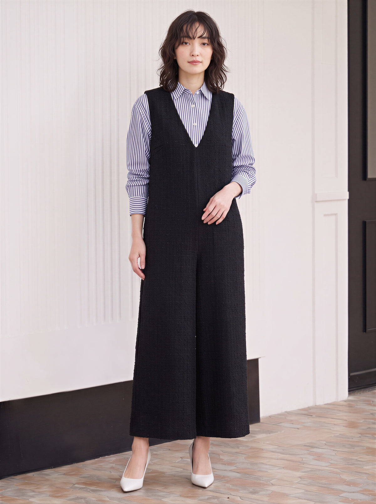 「秋季新品 」「兩色」V領寬褲連身褲