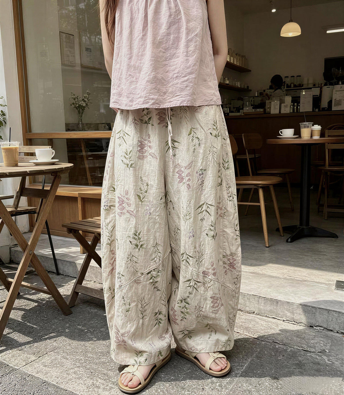 「兩色」M-2XL 植物印花寬鬆寬褲