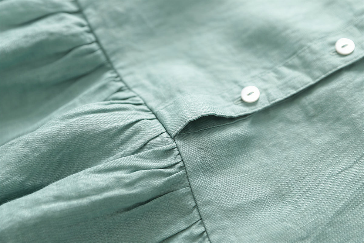 M-2XL 「兩色」立領排扣高腰褶襉長版洋裝