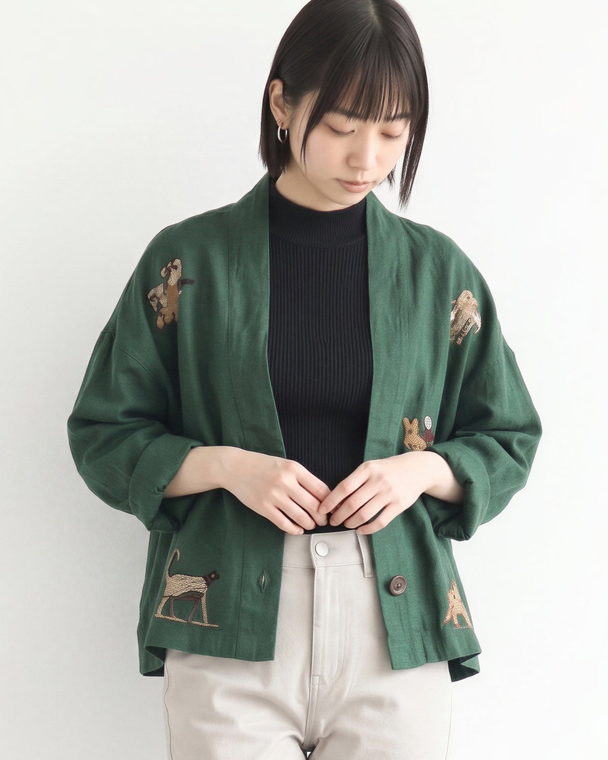 寬鬆落肩印花短外套-綠色-3XL