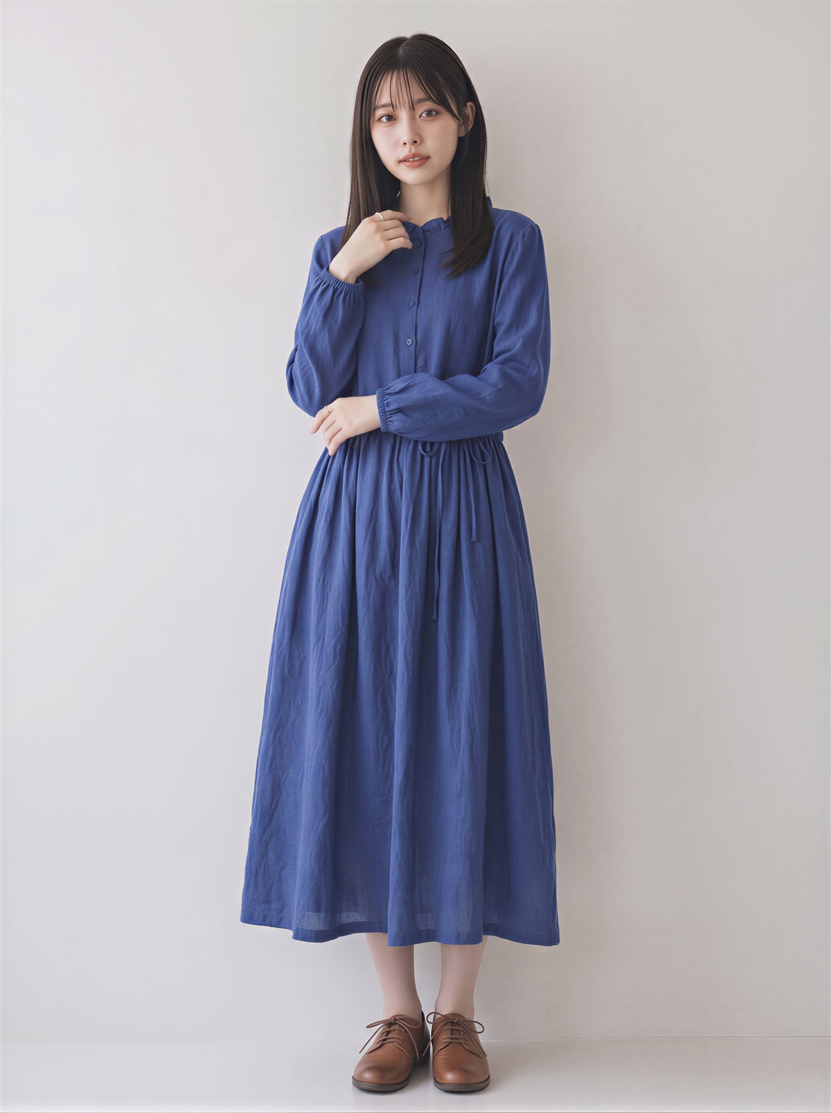 「秋季新品 」M-2XL木耳邊立領收腰棉麻洋裝