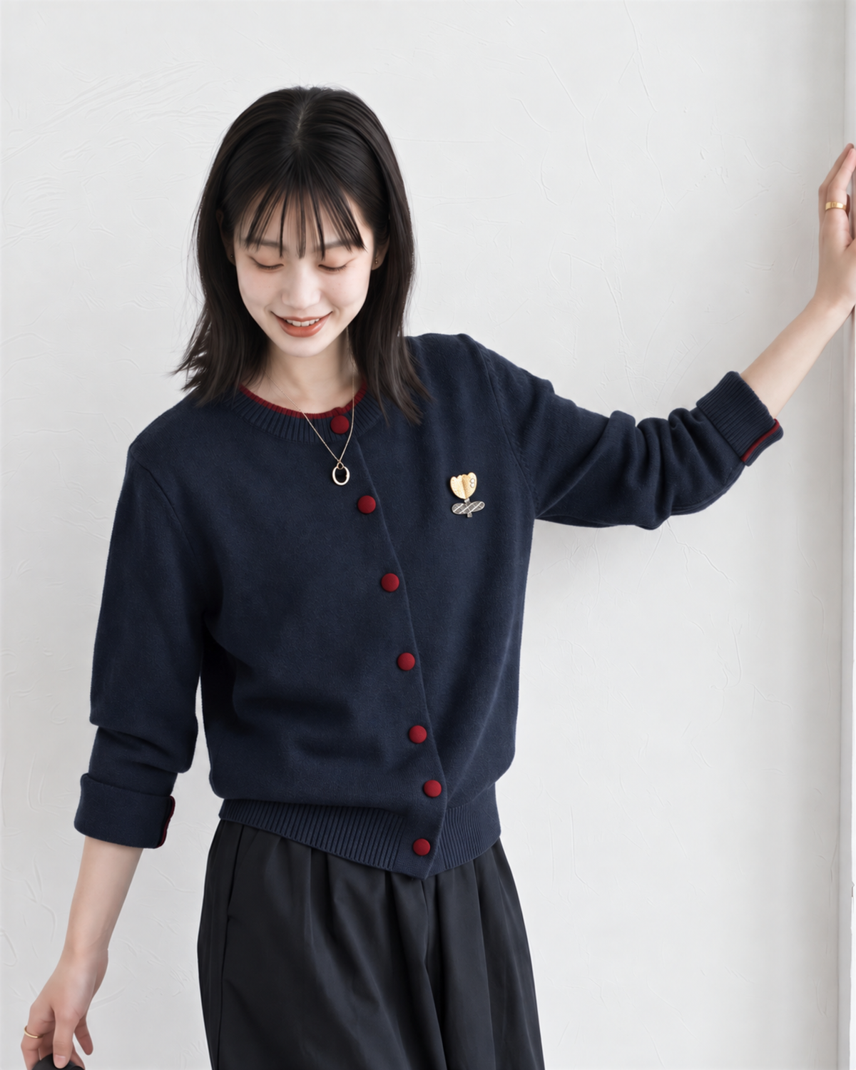 「秋季新品 」撞色滾邊刺繡短版針織開襟衫