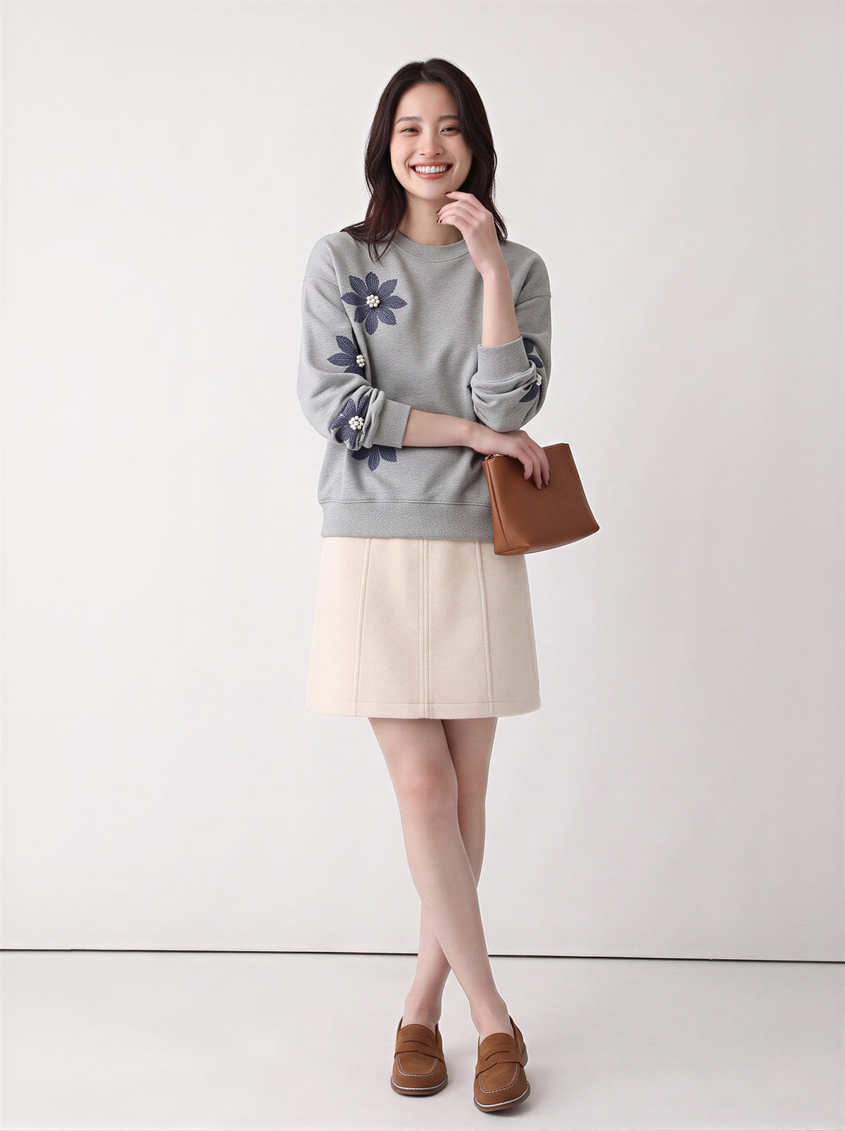 「秋季新品 」S-3XL 立體花朵寬鬆灰色衛衣