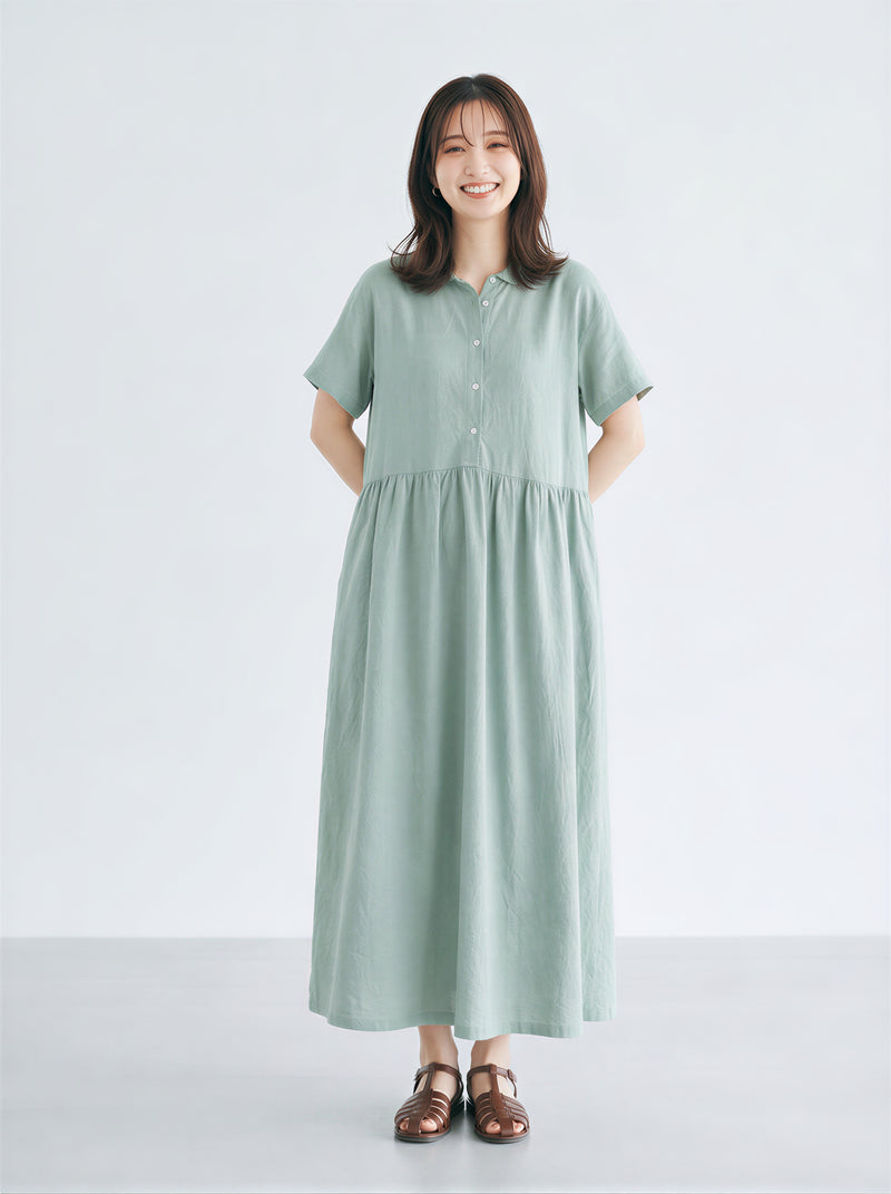 M-2XL 「兩色」立領排扣高腰褶襉長版洋裝