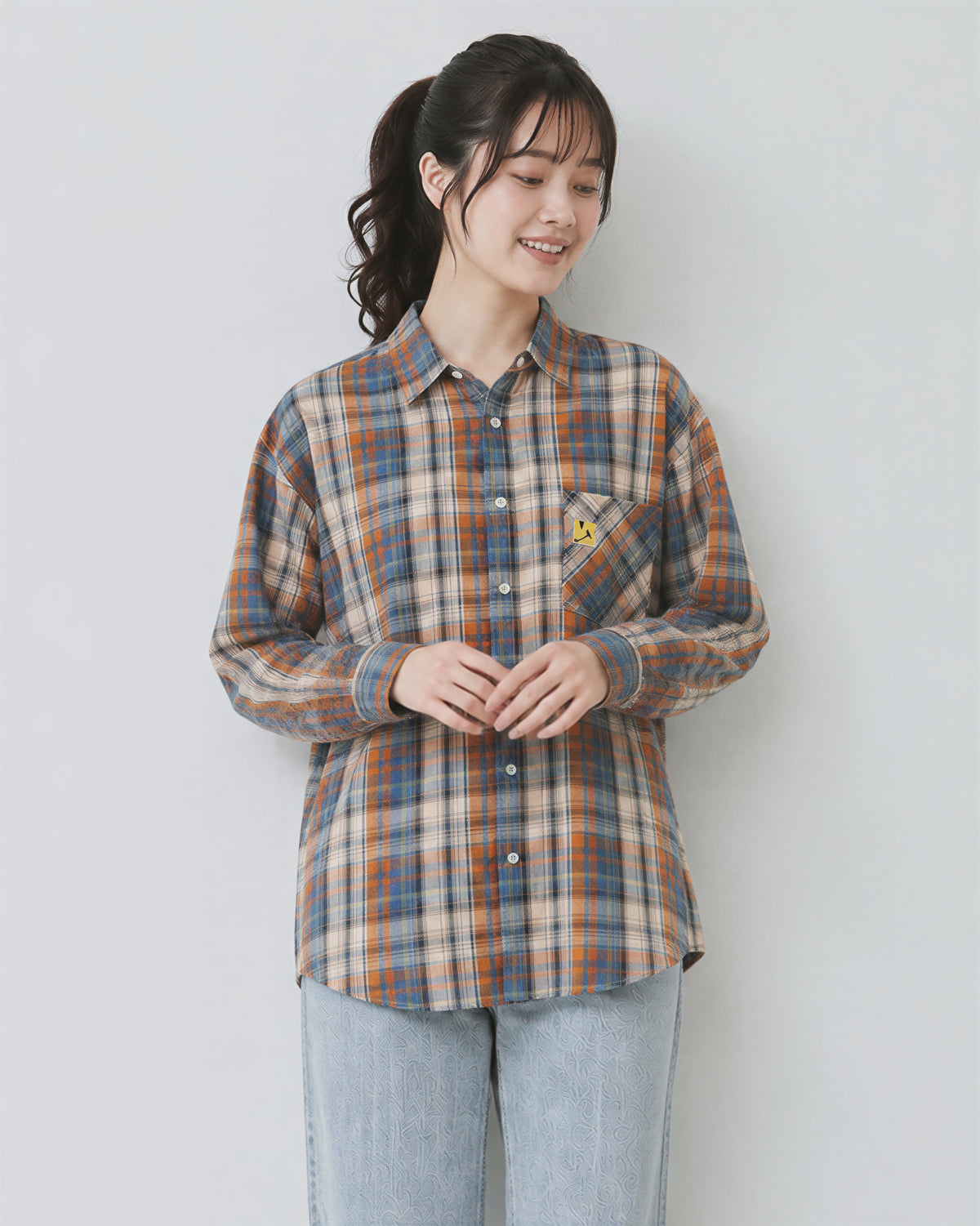寬鬆格紋單口袋襯衫-藍色 X 磚橙色-2XL