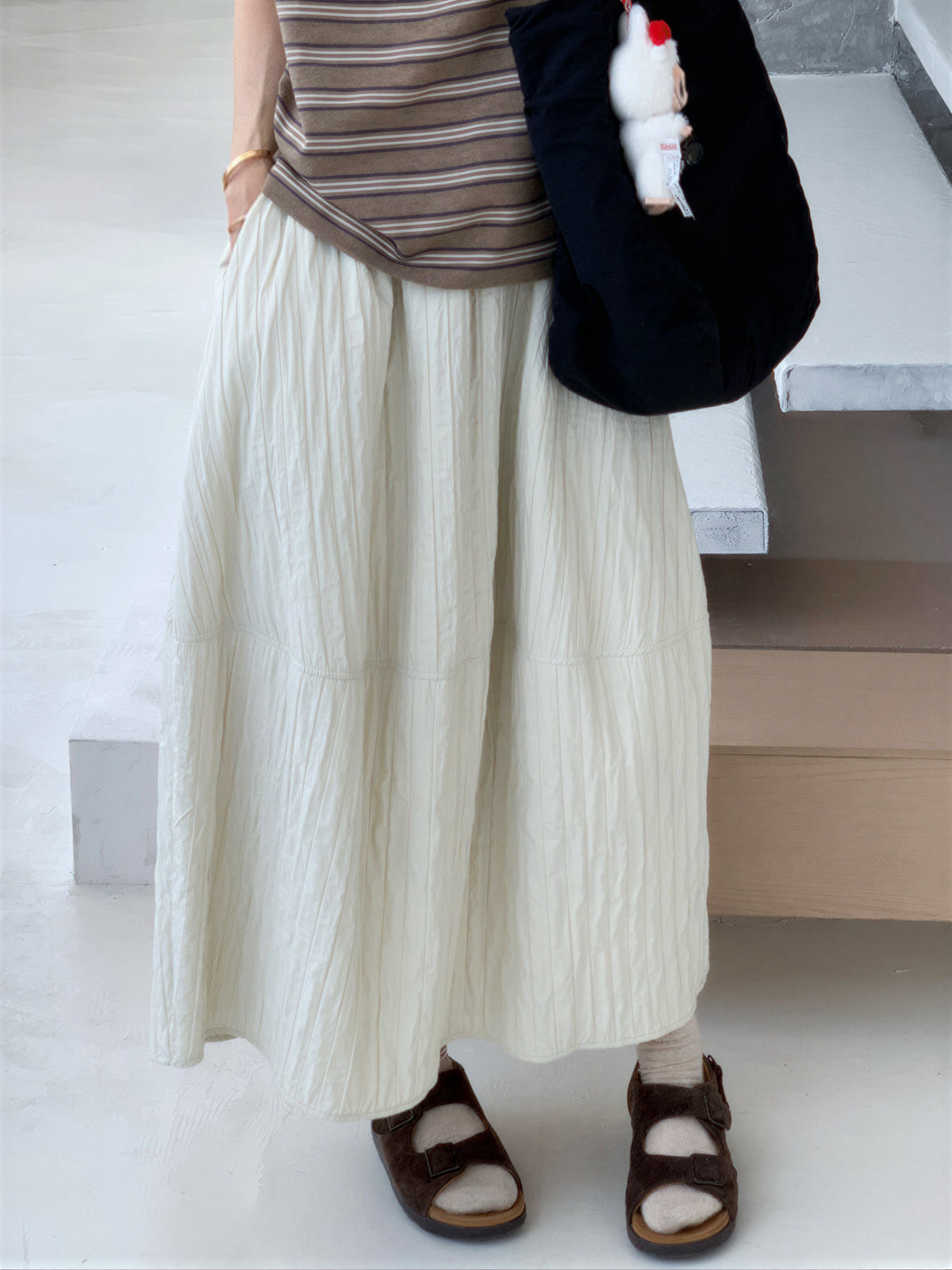 「兩色」「秋季新品 」M-XL 抓皺蓬感高腰半身裙