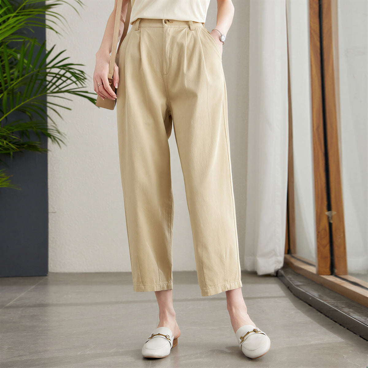 「兩色」 S-XL 高腰打褶九分休閒褲