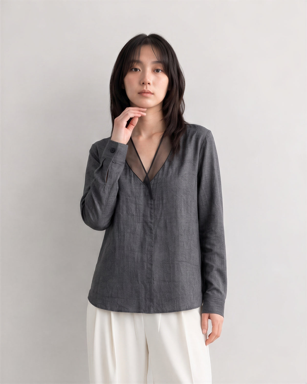「秋季新品 」S-XL 灰色網紗拼接深V襯衫