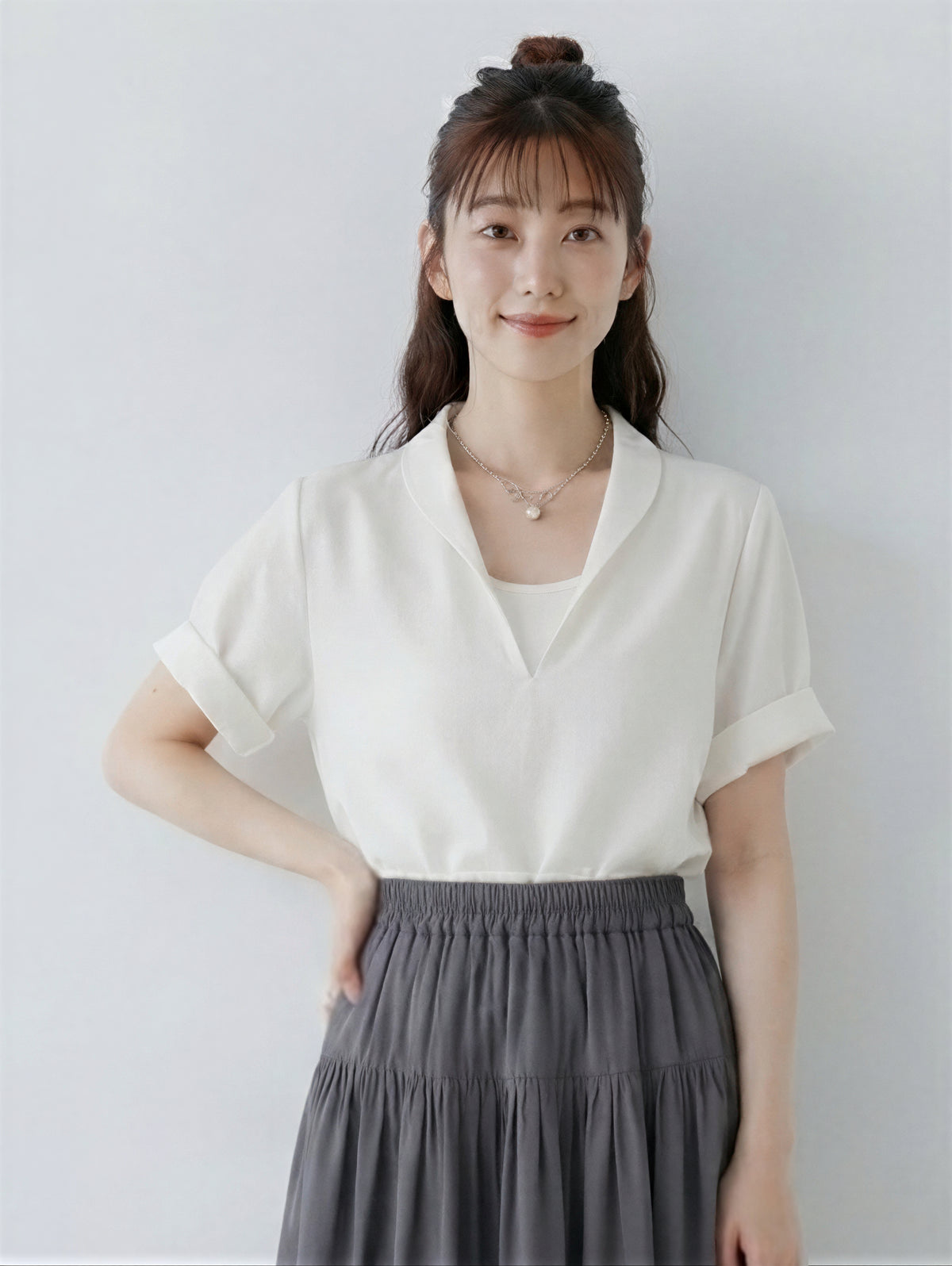 翻領V領捲邊袖假兩件襯衫