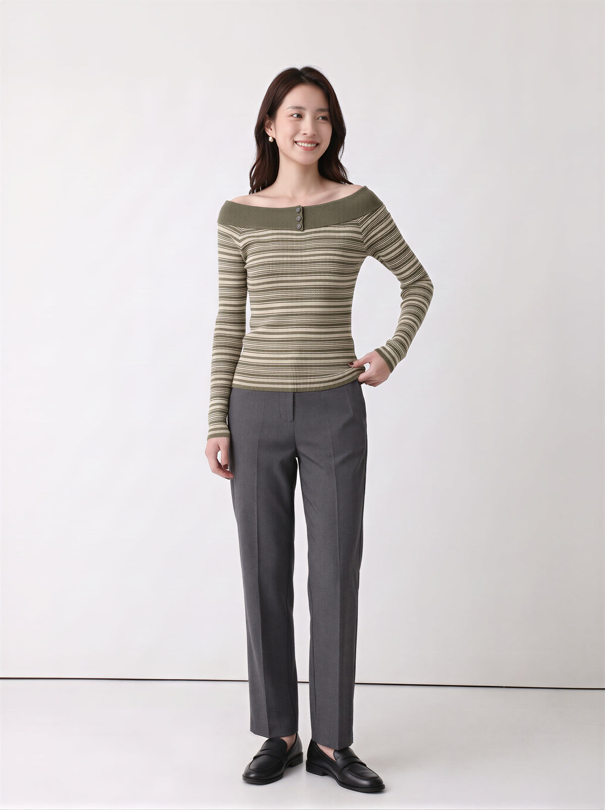 「秋季新品 」S-XL 一字領條紋修身針織衫