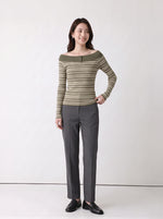 「秋季新品 」S-XL 一字領條紋修身針織衫