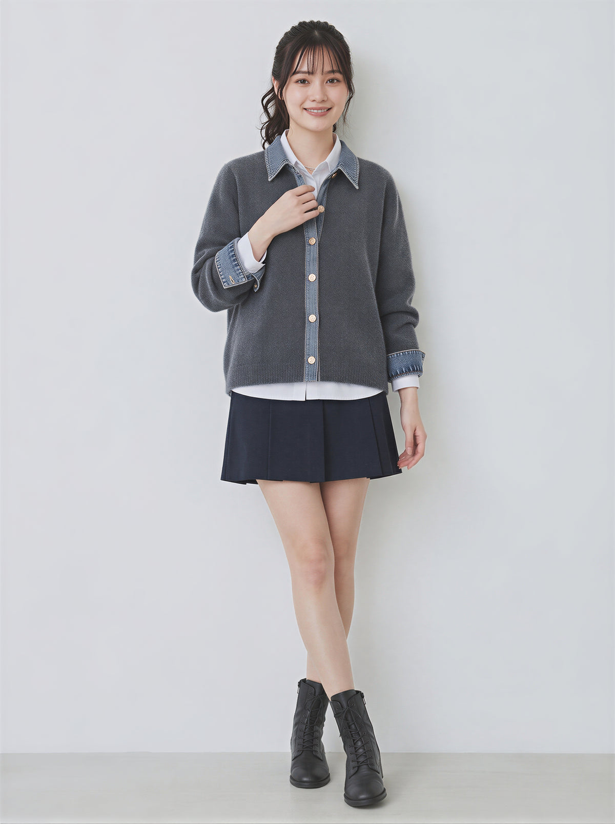 「3色」「秋季新品 」M-XL 拼接翻領短版針織開襟衫
