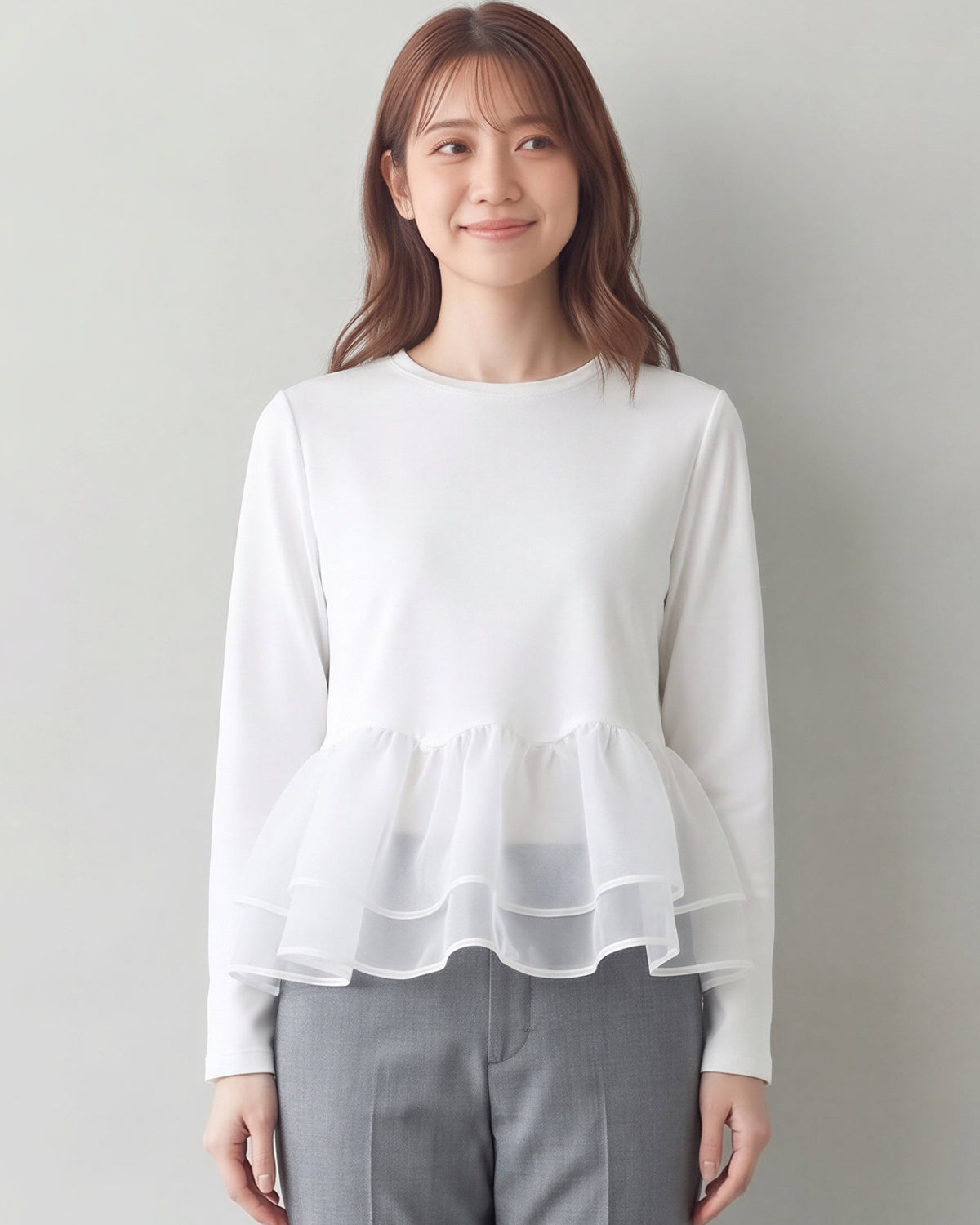 「秋季新品 」「3色」M-L 網紗拼接荷葉下擺假兩件長袖T恤