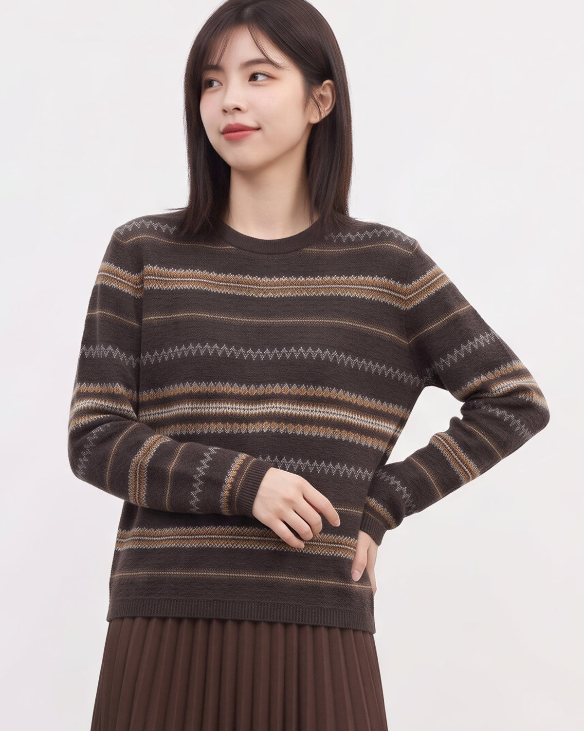 「秋季新品 」「兩色」提花條紋圓領針織衫