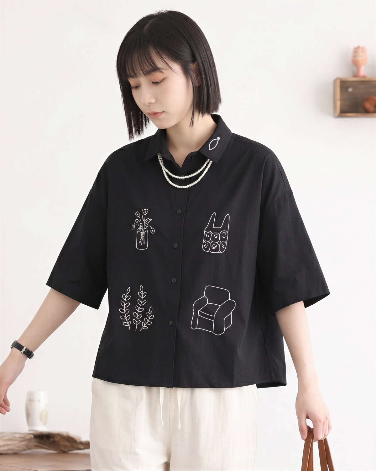 「兩色」M-2XL 趣味線描寬鬆短袖襯衫