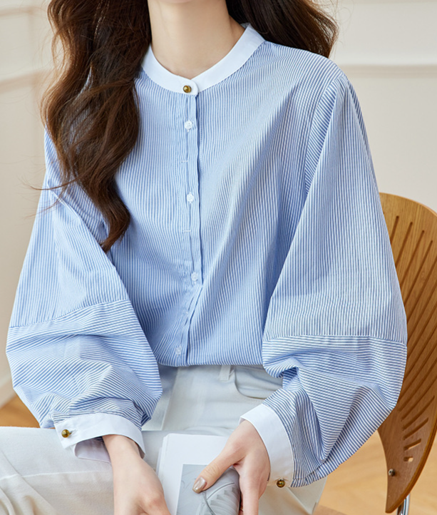 「秋季新品 」 M-2XL 立領條紋燈籠袖襯衫