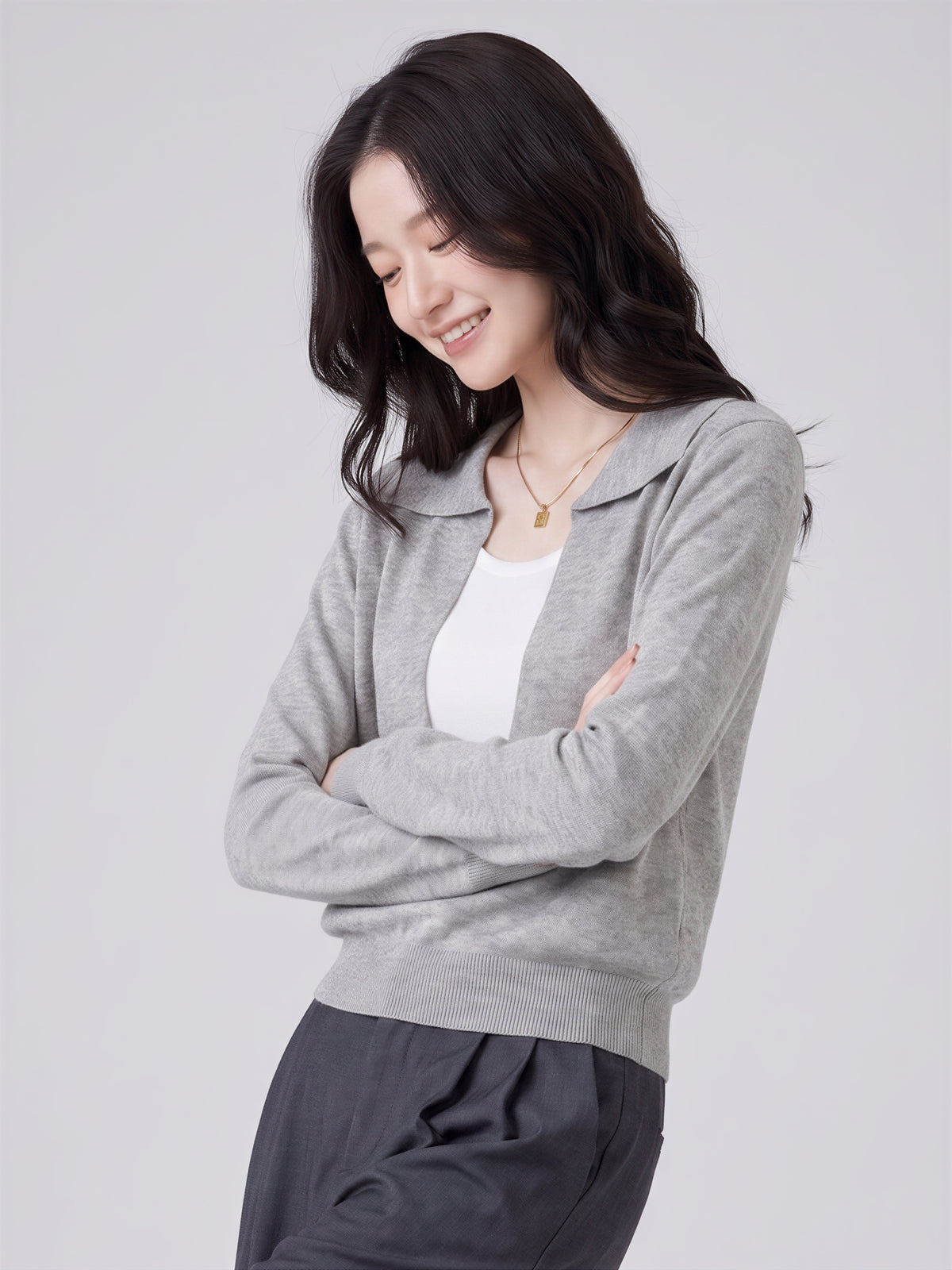 「兩色」S-XL 翻領深V拼接 | 收腰假兩件針織衫