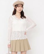 V領睫毛蕾絲修身蕾絲上衣-淺米色-2XL
