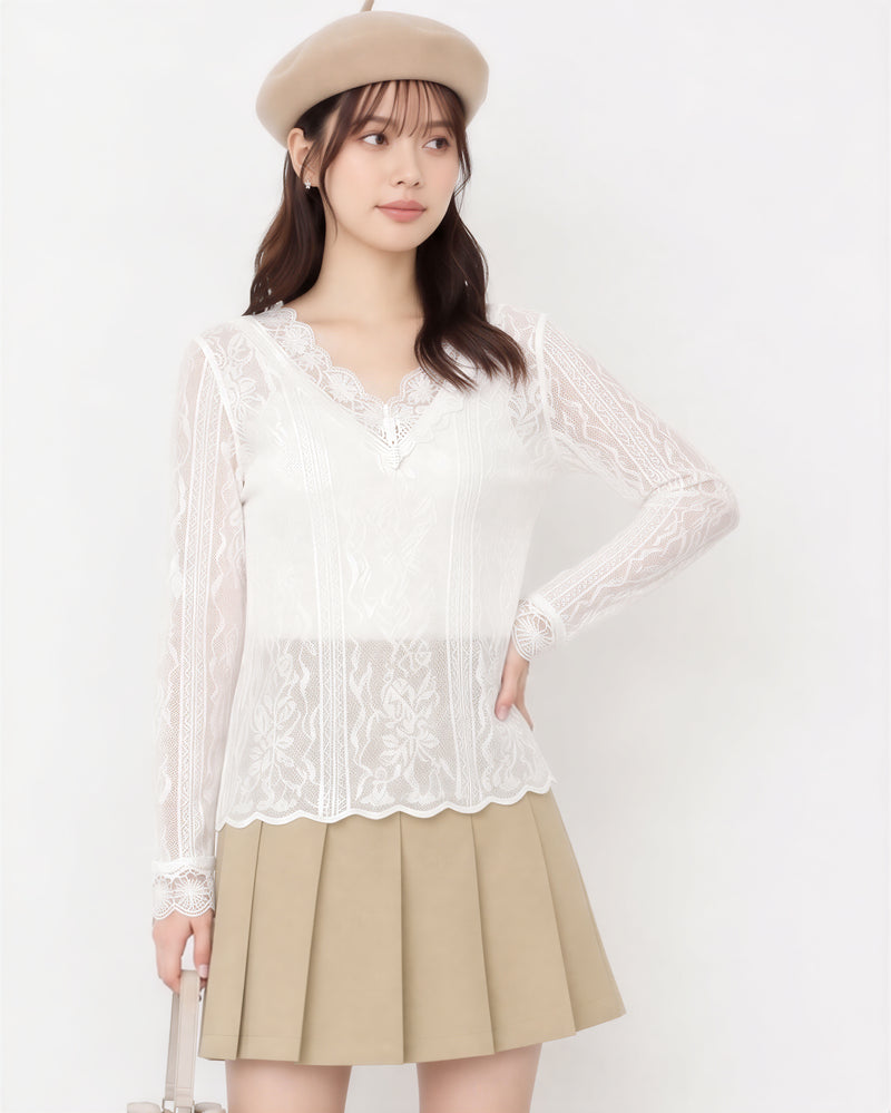 V領睫毛蕾絲修身蕾絲上衣-淺米色-2XL